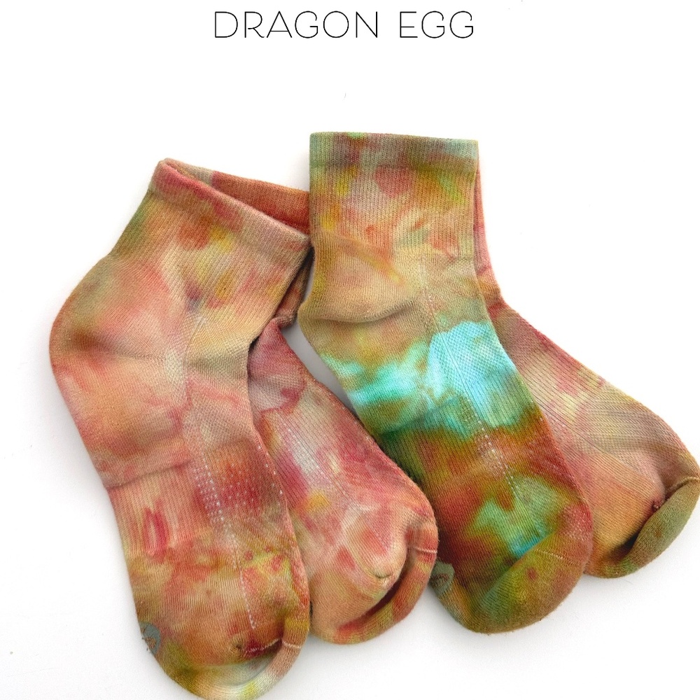 Mens Tie Dye Socks Ice Dye Dragon Egg Orange Green Ankle Socks Midcrew Hand Dyed